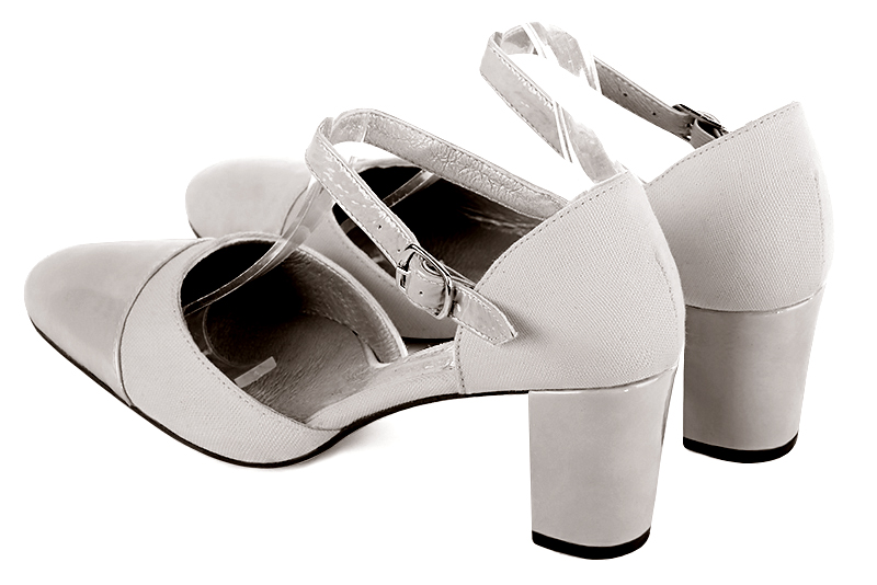 Pearl grey women's open side shoes, with an instep strap. Round toe. Medium block heels. Rear view - Florence KOOIJMAN